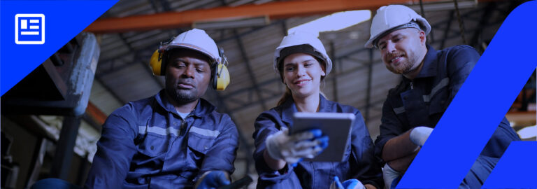 Banner gestao de qualidade 3 trabalhadores sentados