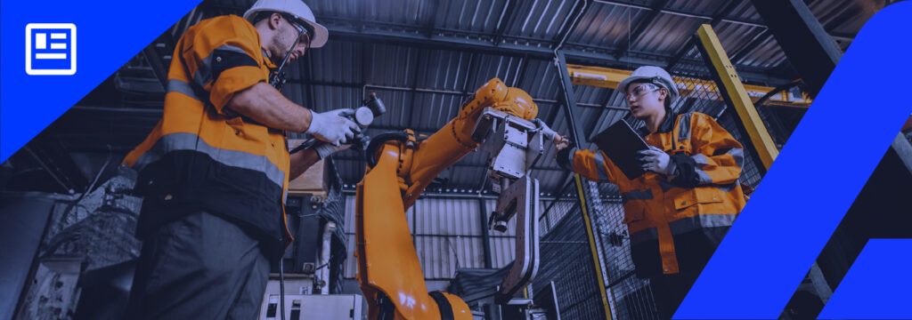 Banner_A equipe de engenheiros atende a soldagem robótica trabalhando na tecnologia da indústria de fabricação de fábricas de automação